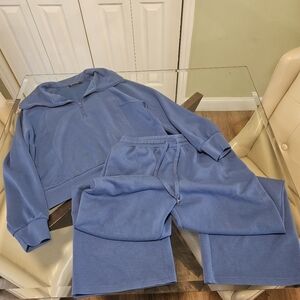 Large, 2 PC athletic set, blue, wide zip collared shirt, wide leg matching pants